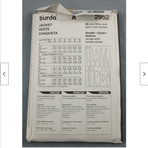 Bust 33-41 Burda 2952 Jacket Blazer Pocket Sewing Pattern English French Spanish - Picture 2 of 3